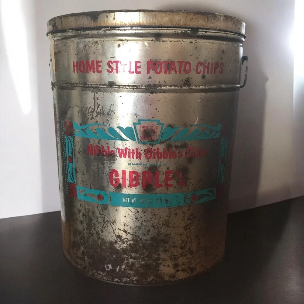 Vintage Gibbles POTATO CHIPS LARGE 56 Oz Potato Chip Tin Can Rare
